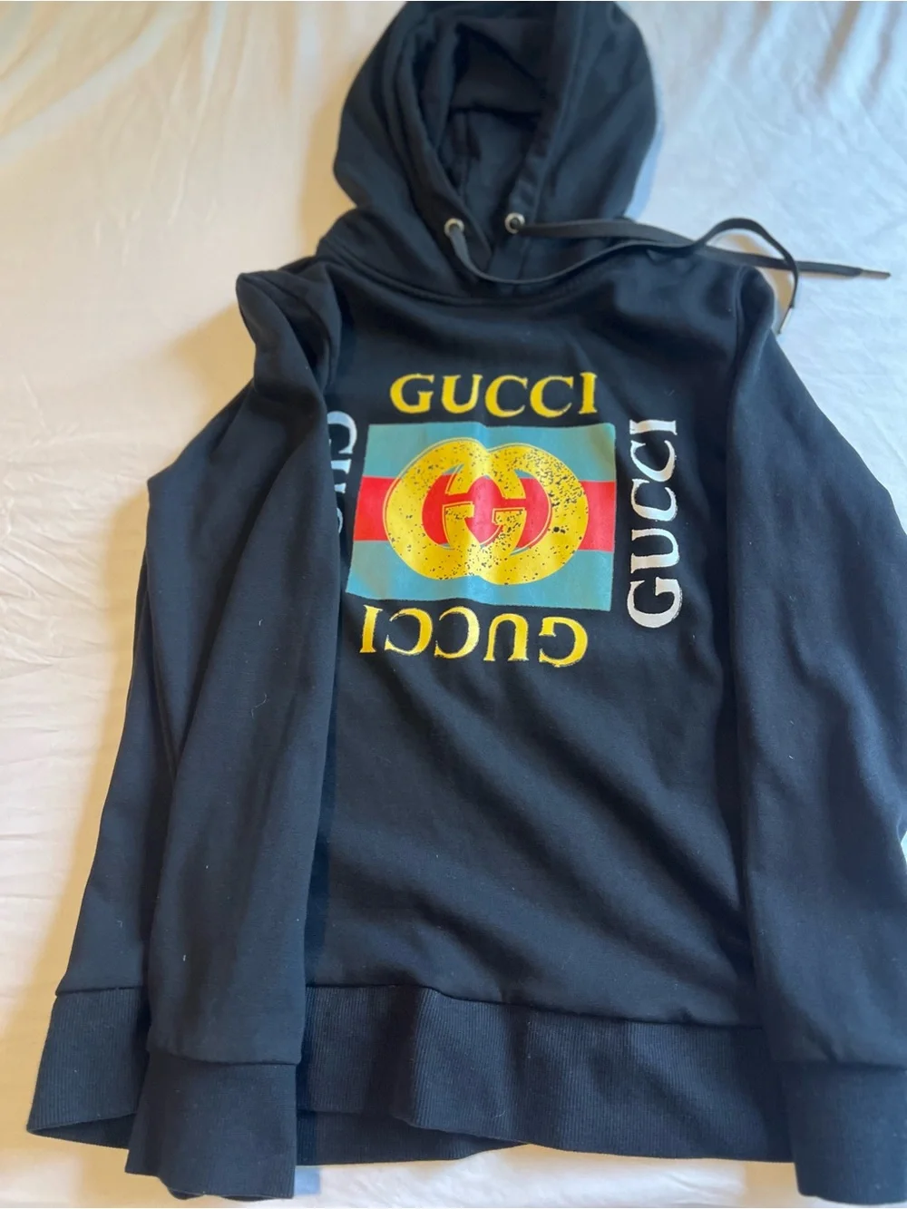 Gucci Mens Black Logo Graphic Sweater with Yellow Emblem